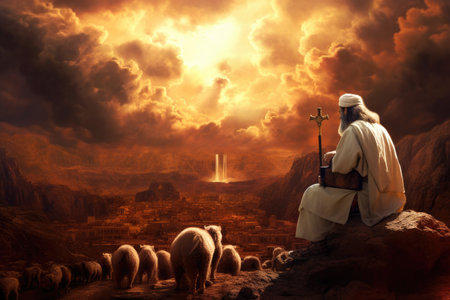 Jesus with sheeps in the desert. 3d render illustration.の素材