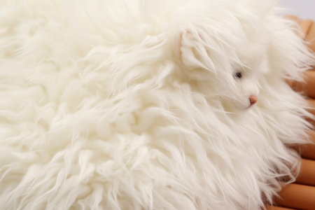 White pomeranian dog lying on a wooden bed. Close upの素材