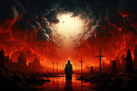 Conceptual image of a man standing in the middle of a burning cityの素材
