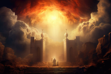 Fantasy landscape with ancient city and mosque. 3D rendering.の素材