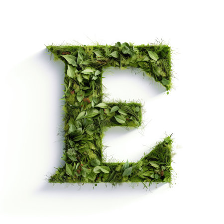Font from green grass isolated on white background. Letter E uppercaseの素材