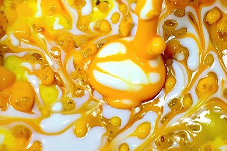 Close up egg yolks and honey in a bowl of honeyの素材