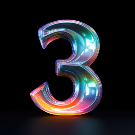 Glowing neon light font Number 3 3D render illustration isolated on black backgroundの素材
