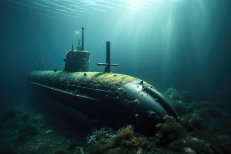 Submarine in the deep blue sea. Underwater photo of a submarine.の素材