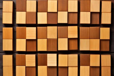 Wooden cubes on a wooden background. Top view. Copy space.の素材