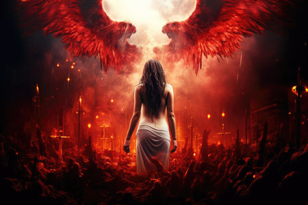 Woman with red wings on the background of burning city. Halloween conceptの素材