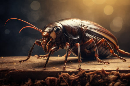 Gryllotalpidae insect on a wooden table with black backgroundの素材