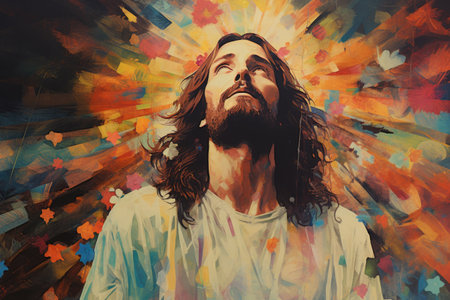 Jesus Christ with colorful paint splashes. Jesus Christ on abstract background.の素材