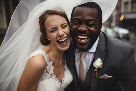 Portrait of a happy bride and groom on their wedding day.の素材