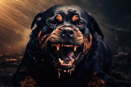 Rottweiler dog on a dark background with smoke and fire.の素材