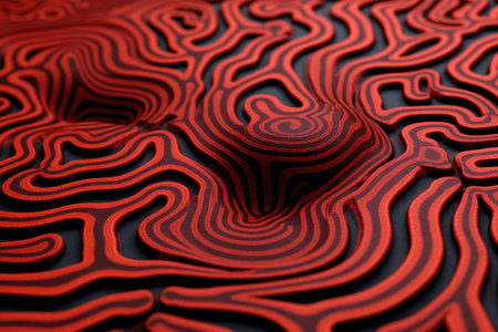Abstract 3D illustration of wavy surface made of red and black stripesの素材