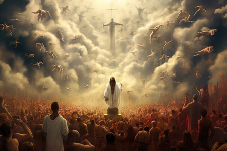 Conceptual image of Jesus Christ in front of a crowd of peopleの素材