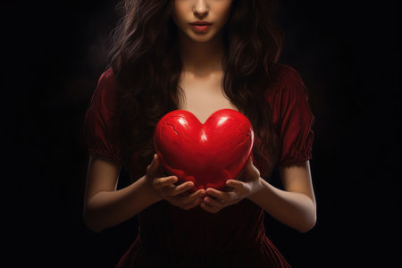 Cropped image of beautiful young woman holding red heart on black backgroundの素材
