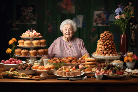 Elderly woman sitting at the table full of sweets and cakesの素材