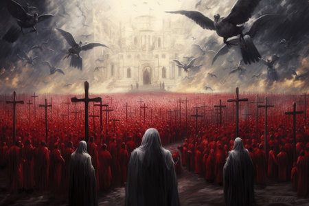 Christianity concept. A group of people stand in front of a church.の素材