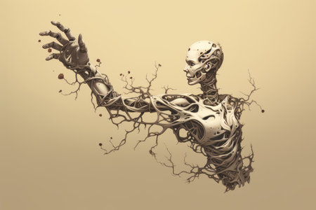 3D rendering of a human skeleton with roots in a surreal styleの素材