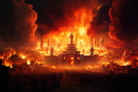 Image of burning city at night as a concept of crisis and warの素材