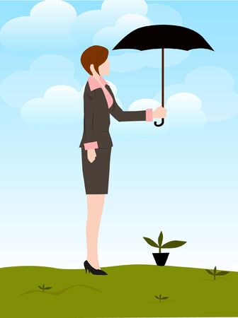 woman holding the umbrella and keeping the growth - go green - save the earthのイラスト素材
