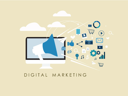 internet of things and sharing concept with flat design sign digital marketing and internet marketing social media vectorのイラスト素材