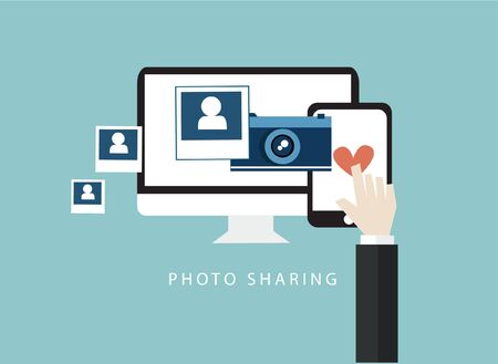internet of things photo sharing concept flat design digital marketing and internet marketing vectorのイラスト素材
