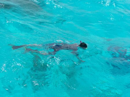 Tourist snorkel through clear water in the Caribbean seaの写真素材