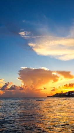Beautiful sunset over the sea in Cayo Largo, Cubaの写真素材