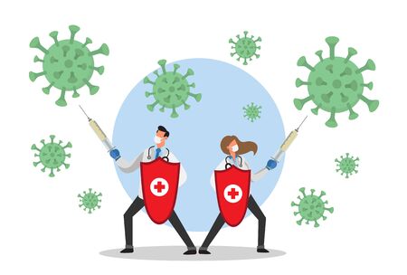Male and female doctor fighting with syringes against coronavirusのイラスト素材