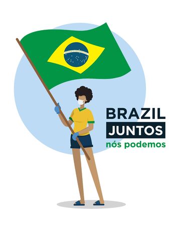 Brazilian girl with Brazil flag encouraging people against coronavirusのイラスト素材
