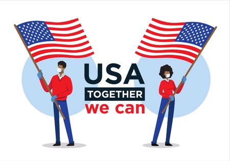 Afro american man and woman with USA flag encouraging people against coronavirusのイラスト素材