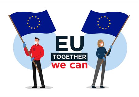 European man and woman with European Union flag encouraging people against coronavirusのイラスト素材