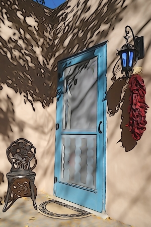 Adobe Porch in Fall Decorated with Red Chile Peppersの写真素材