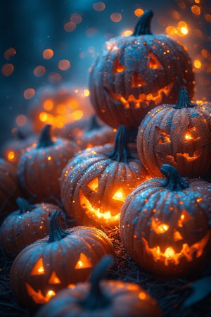 Halloween pumpkins with glowing lights on dark background. Halloween conceptの素材