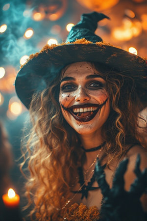 Halloween portrait of beautiful woman in witch costume on the background of Halloween lights.の素材