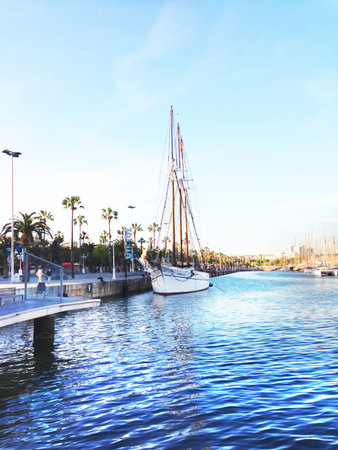 Yacht parked at the port of Barcelonaのeditorial素材