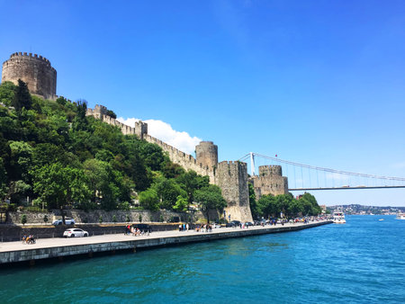 Rumeli Castle, Bosphorus bridge and bosphorus in Istanbulのeditorial素材