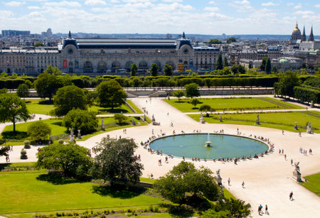 PARIS - JULY, 2016: Aerial view of Jardin des Tuileries and Orangerie Museum in Paris. People hang out around pool in the park.のeditorial素材