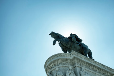 Bottom view of a statue of Vittorio Emanuele II in Rome. Grand marble, classical temple honoring Italy's first king & First World War soldiers.のeditorial素材