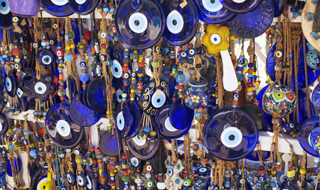 Close up view of evil eye souvenirs.の写真素材
