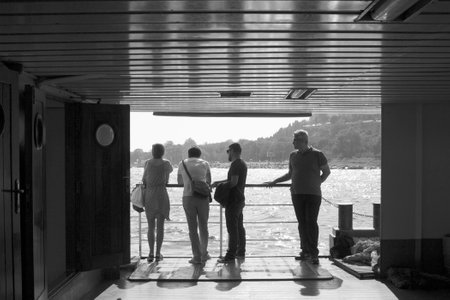 Low View of people enjoying ferry ride from Sirkeci to Prince islands on a sunny day in Istanbul....