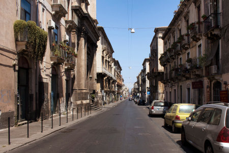 View of a street in Catania city of Sicily region in Italy.のeditorial素材