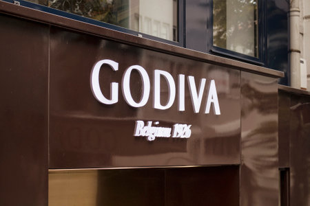 Signage of Belgian chocolate brand's store in Nisantasi / Istanbul that is a popular shopping and residential district.のeditorial素材