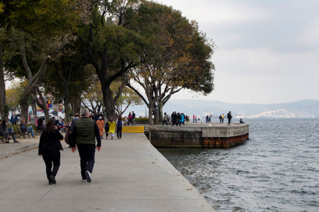 People walk by Bosphorus strait in Istanbul.のeditorial素材