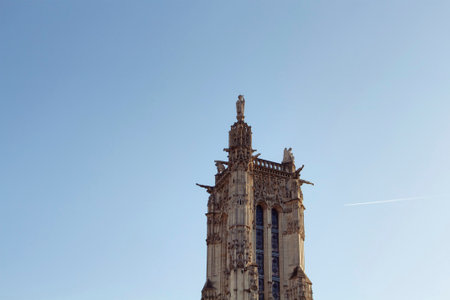 View of Saint-Jacques Tower with clear / blue sky background in Paris. The only remaining part of a 16th-century church destroyed during the French Revolution.のeditorial素材
