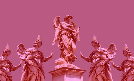 Pink / magenta color digital art made with photo collage technique with sculptures / statues used.の写真素材