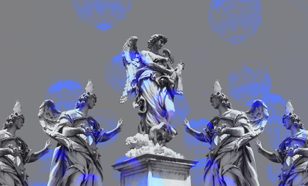 Digital art made with photo collage technique with sculptures / statues used. Blue color round brush...