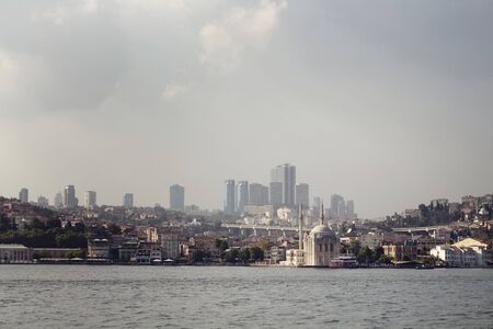 View of old, historical Ortakoy Mosque by Bosphorus and European side of Istanbul.