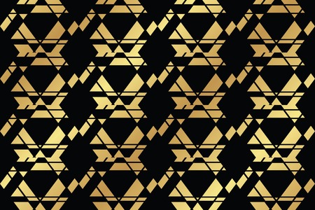 Seamless, abstract background pattern made with geometric shapes forming hexagons in gold and black colors. Decorative vector art.のイラスト素材