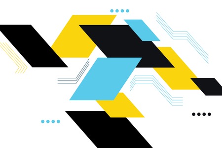 Seamless, abstract background pattern made with parallelogram, circle shapes and lines in colorful, positive technology abstraction. Modern, geometric and technological vector art.のイラスト素材