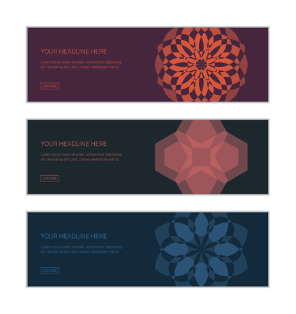 Web banner design template set consisting of abstract backgrounds made with geometric shapes forming flower abstraction. Decorative vector art in light red color.のイラスト素材