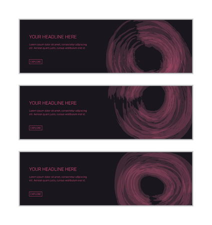 Web banner design template set consisting of abstract backgrounds made with circular geometric shapes with watercolor brush strokes. Flower abstraction in light and dark pink color.のイラスト素材